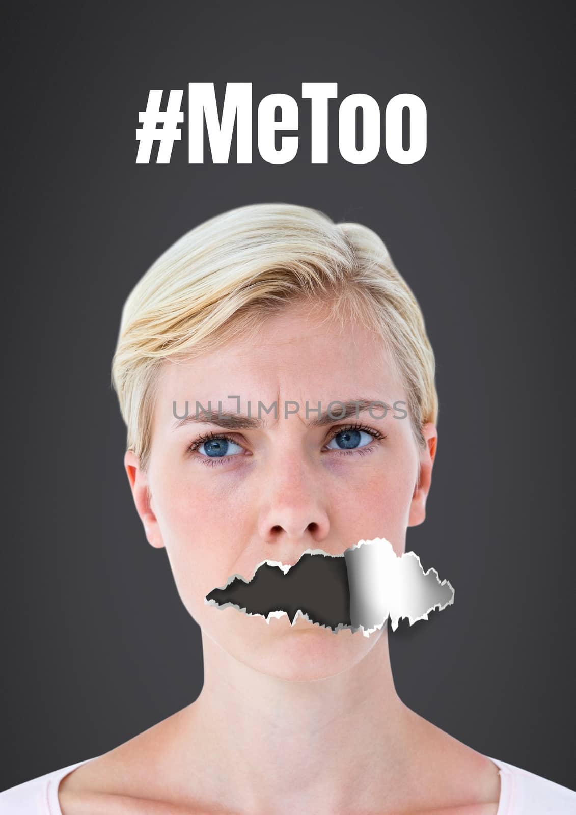 Digital composite of Me Too Woman with torn paper on mouth #MeToo