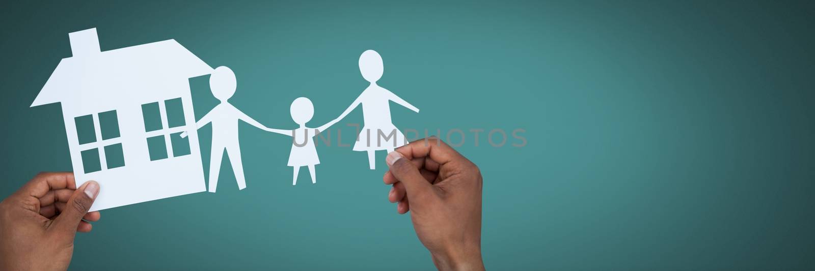 Digital composite of Paper Cut Out family home in hands