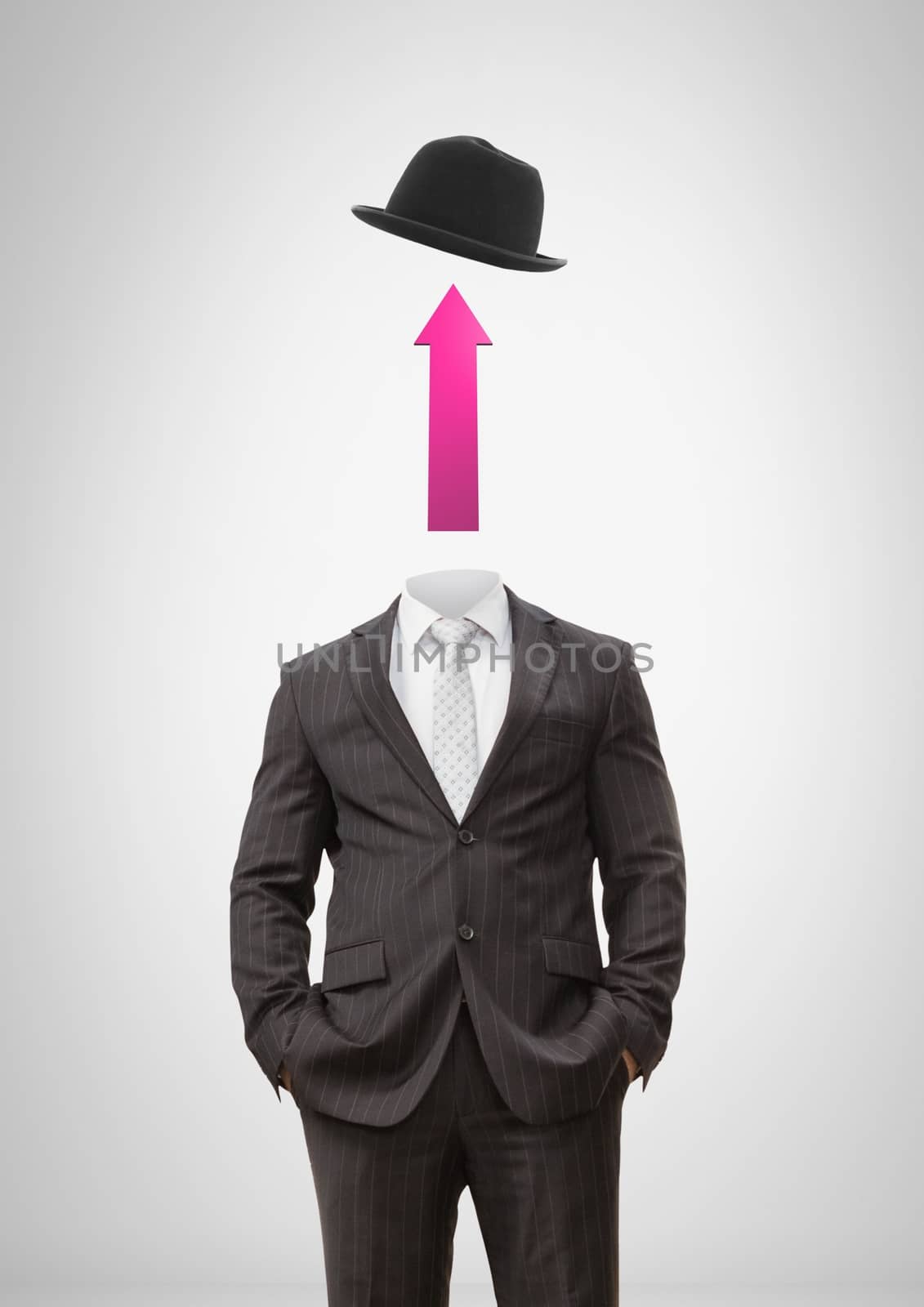 Digital composite of Headless man with surreal floating hat and up arrow
