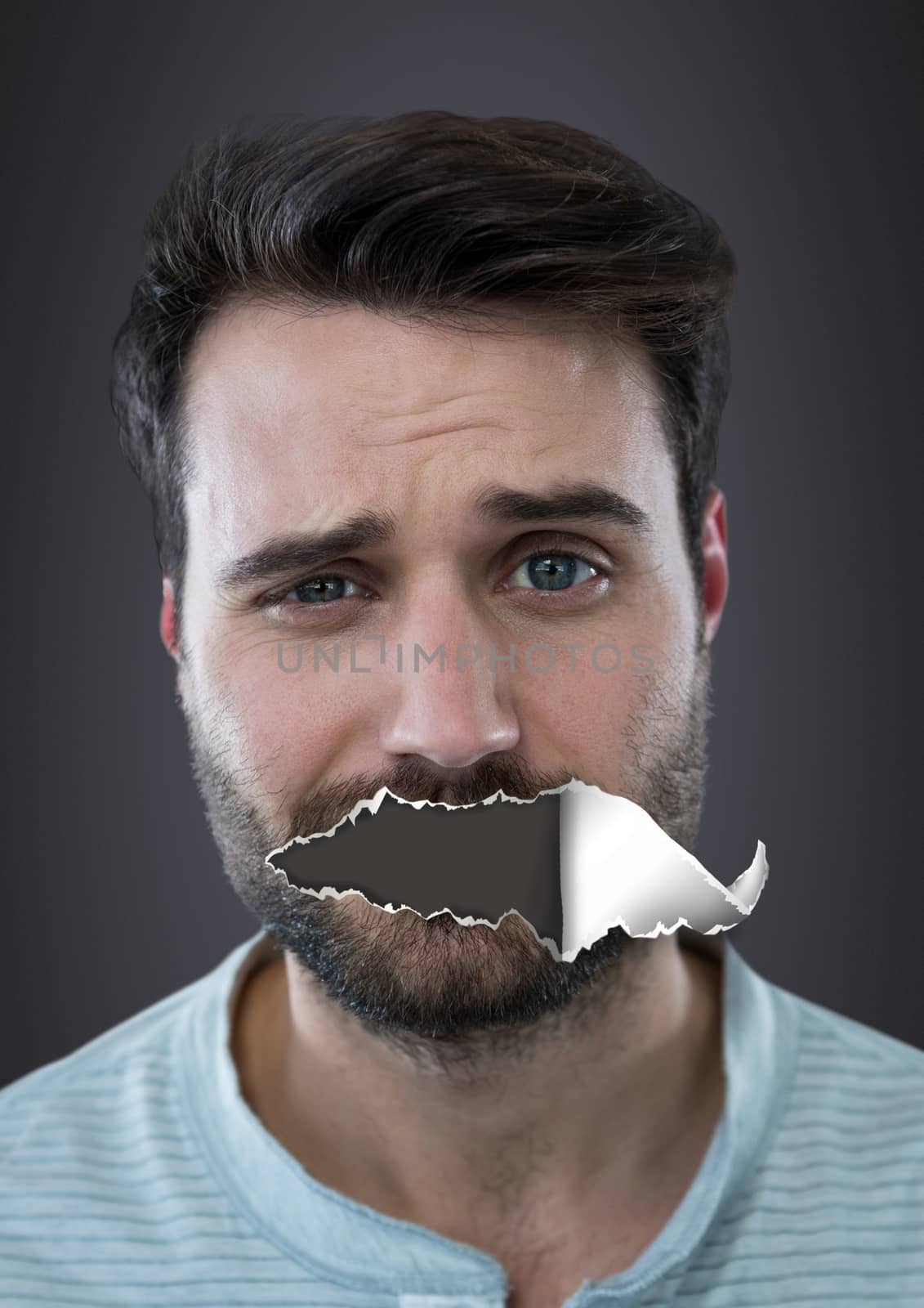Digital composite of Man with torn paper on mouth
