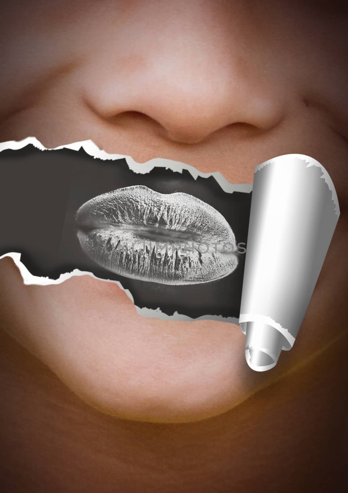 Digital composite of Face with torn paper on mouth and lips negative