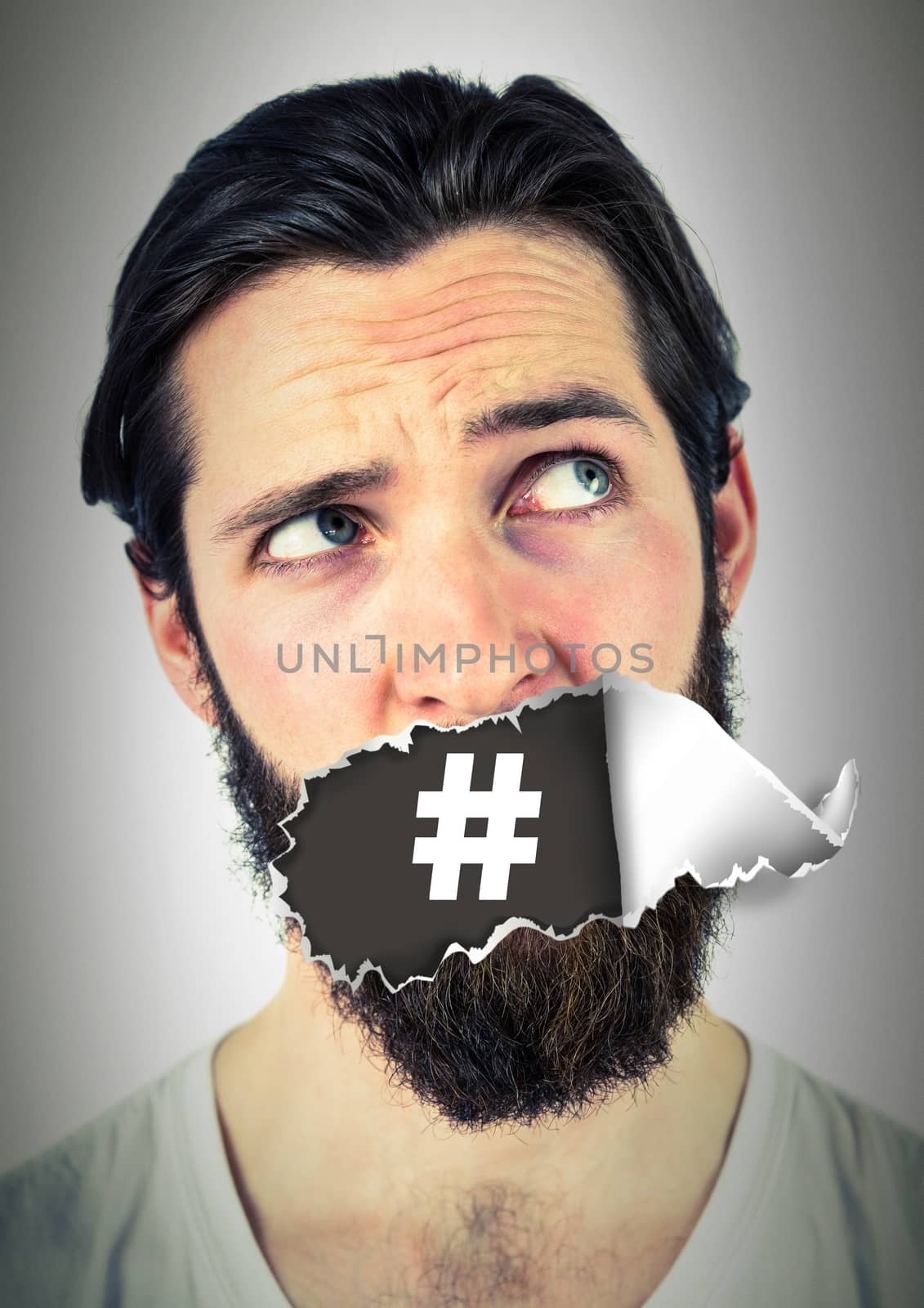 Digital composite of Hashtag icon and Man with torn paper on mouth