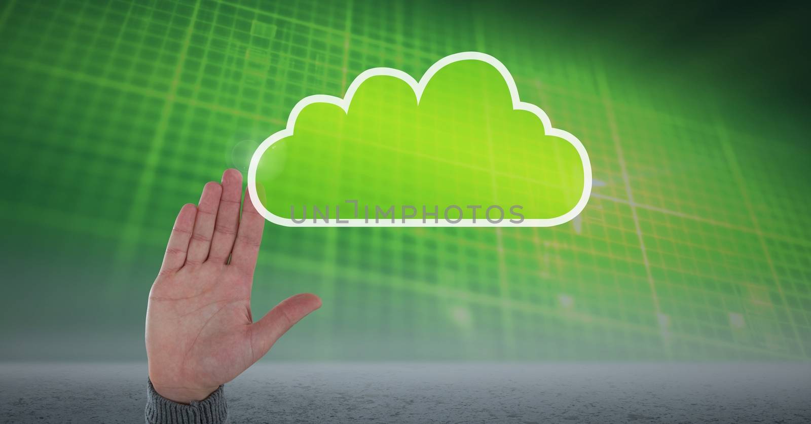 Digital composite of Hand with cloud icon and green technology background