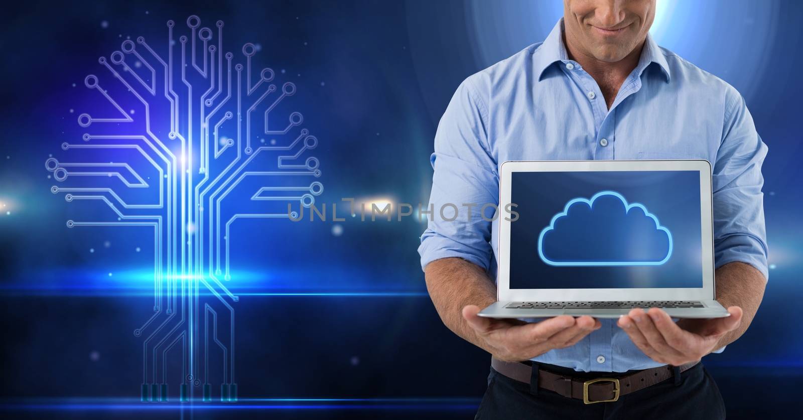 Digital composite of Hands holding laptop with cloud icon and technology background