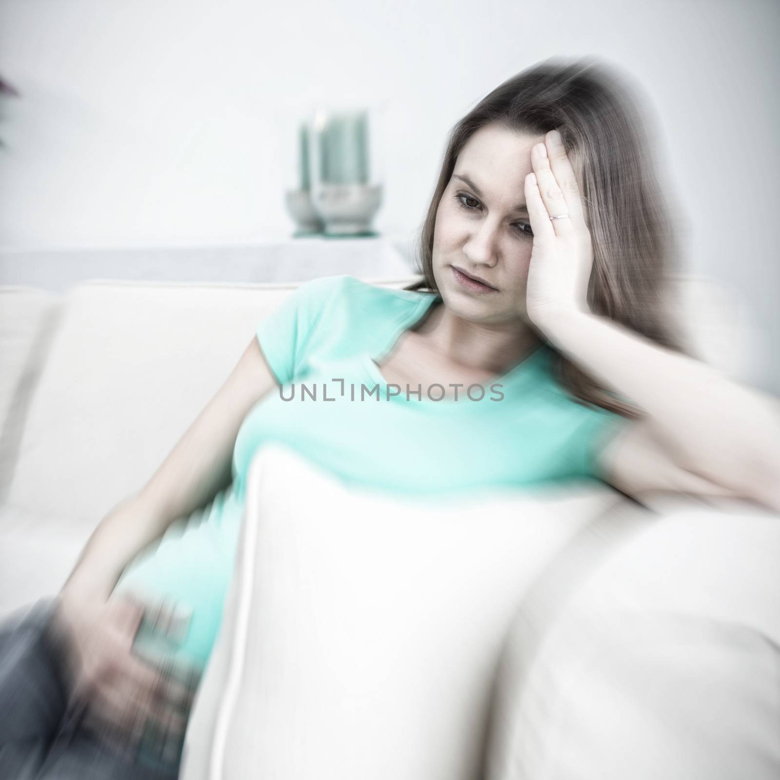 White background with vignette against pregnant woman with headache