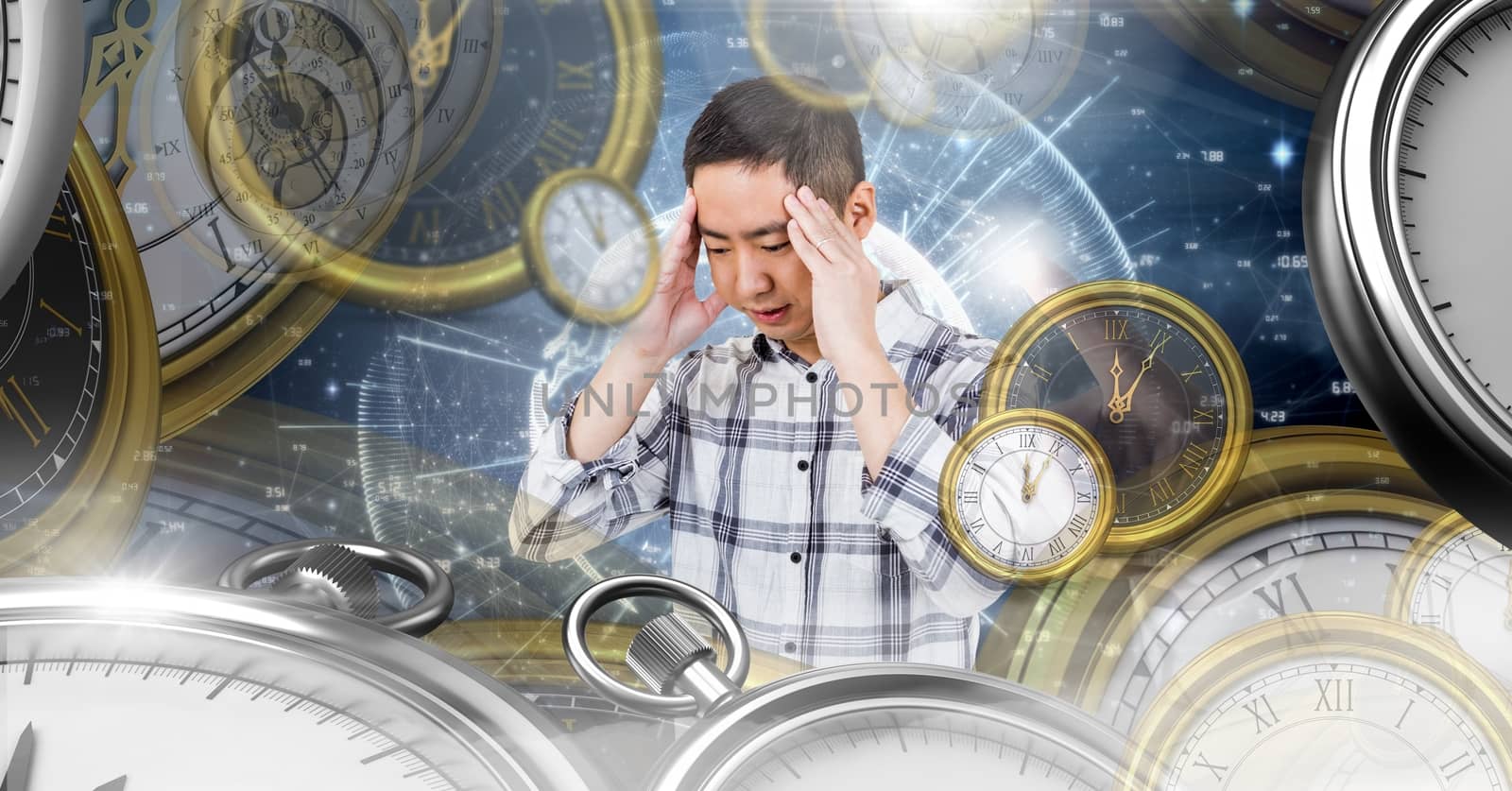 Man concentrating with Surreal Time and space clock concept by Wavebreakmedia