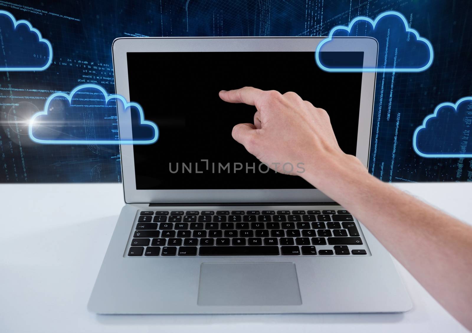 Hand using laptop with cloud icons and technology background by Wavebreakmedia