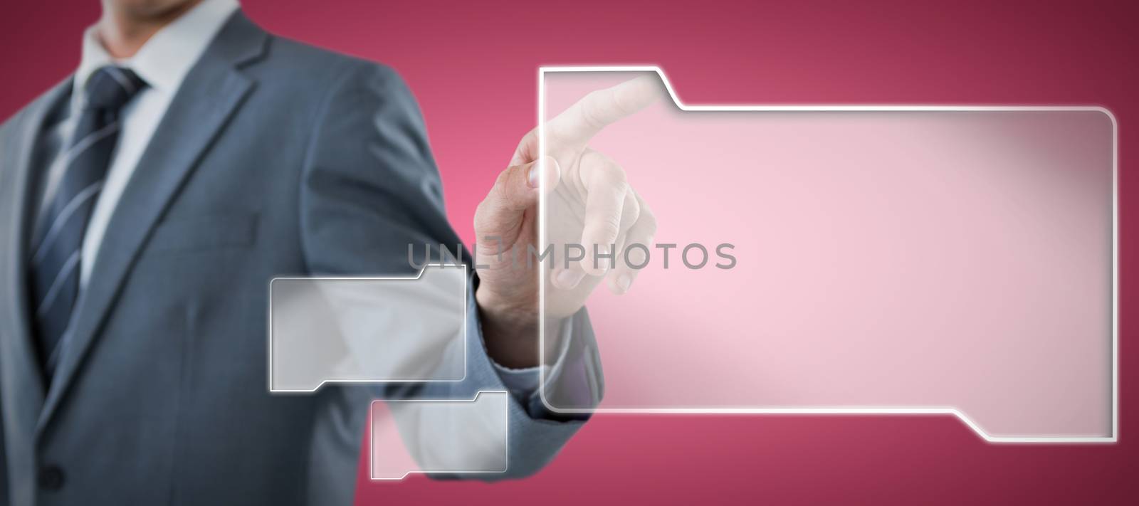 Midsection of well dressed businessman pointing against abstract maroon background