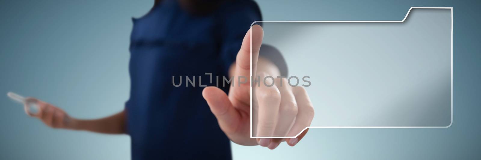Composite image of female executive pressing an invisible virtual screen by Wavebreakmedia
