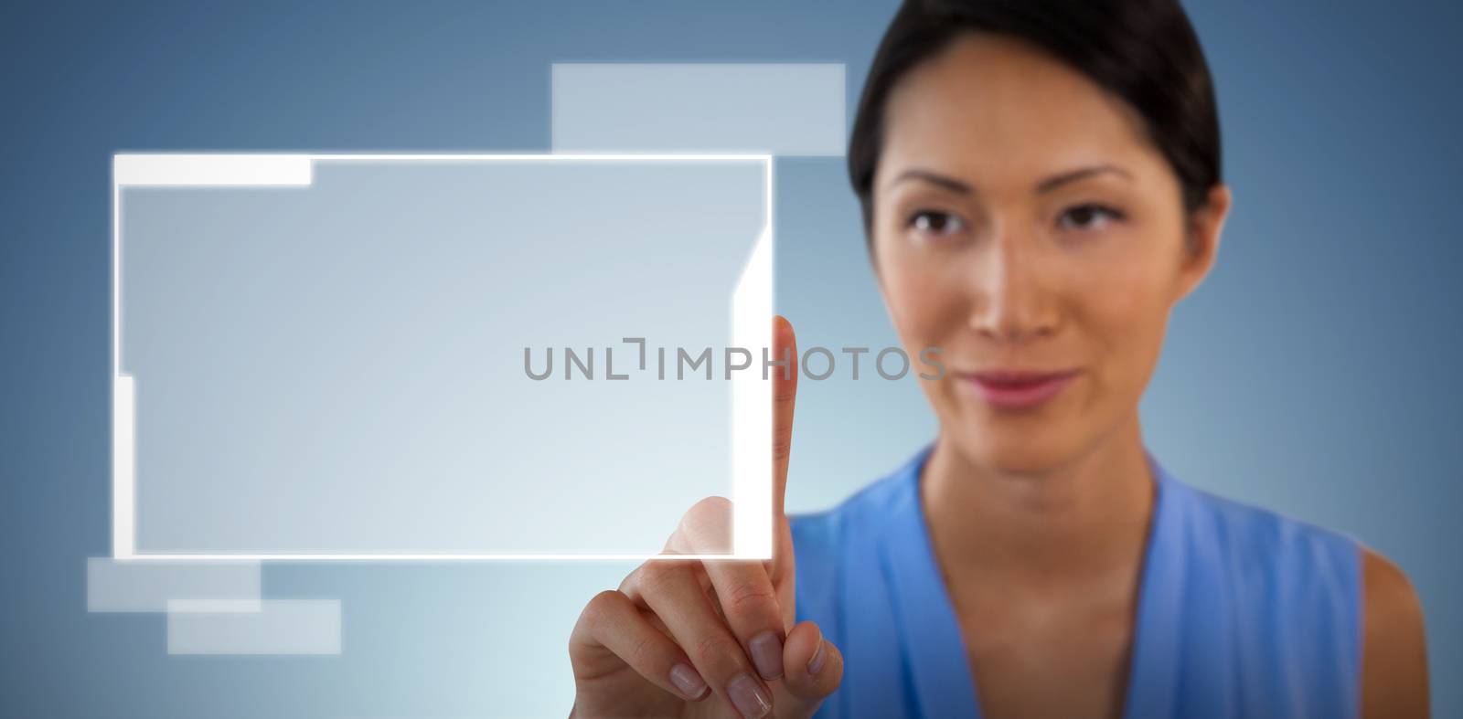 Composite image of close up of businesswoman touching interface by Wavebreakmedia