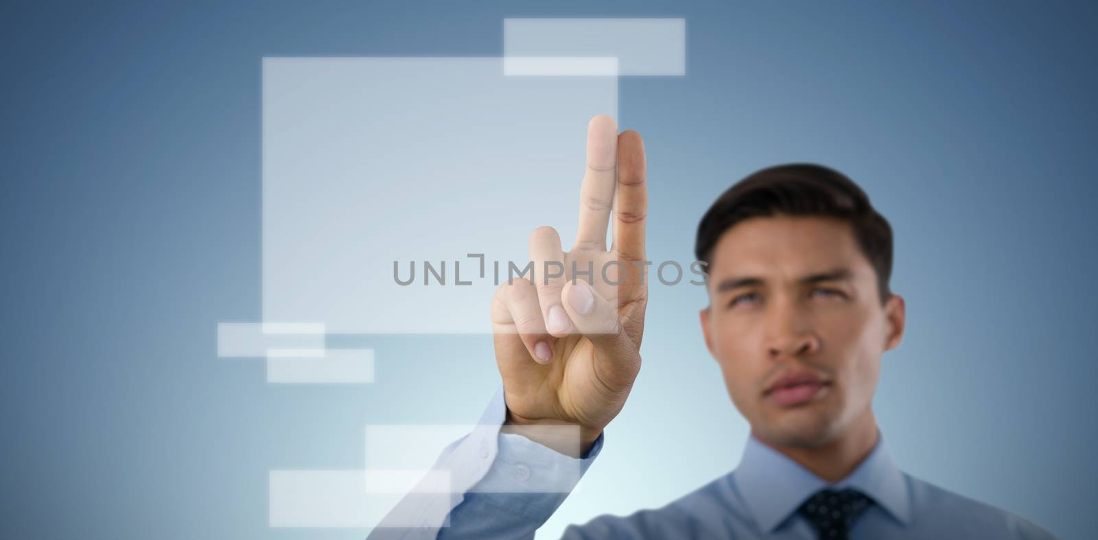 Composite image of young businessman touching invisible screen by Wavebreakmedia