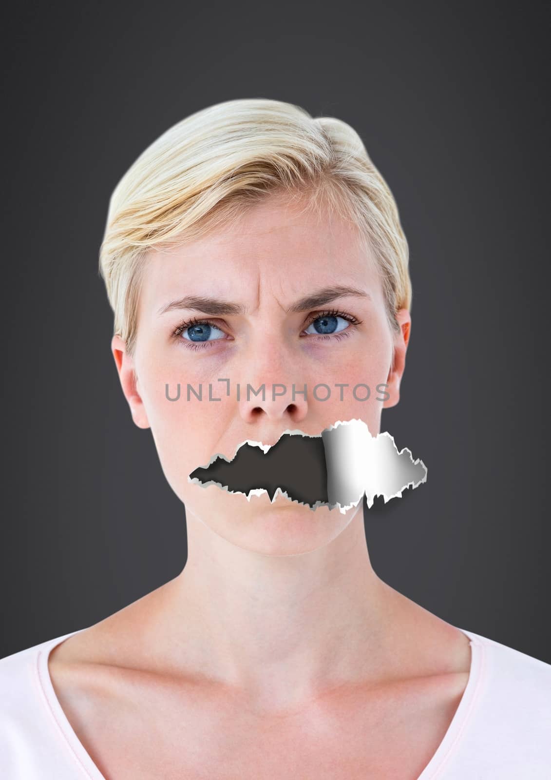 Digital composite of Woman with torn paper on mouth