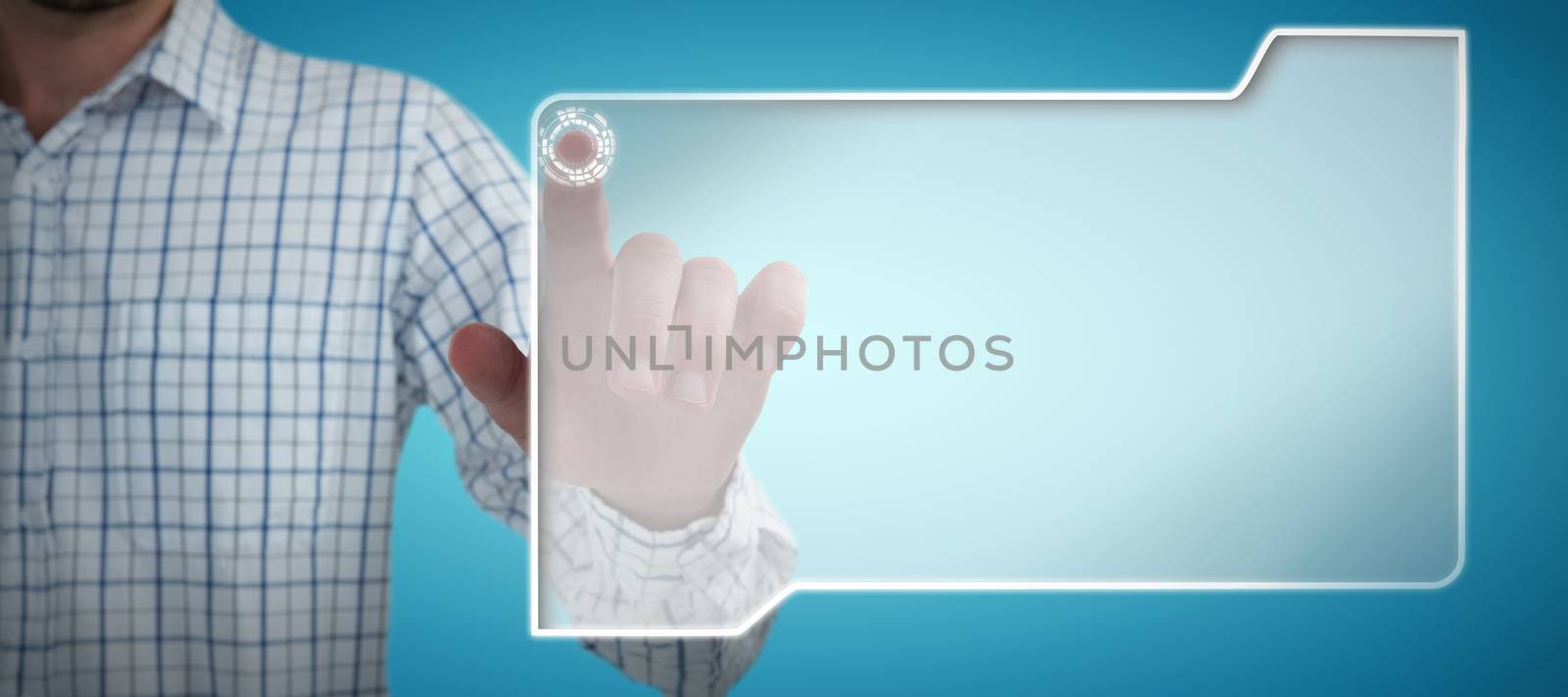 Man pretending to touch an invisible screen against white background against abstract blue background