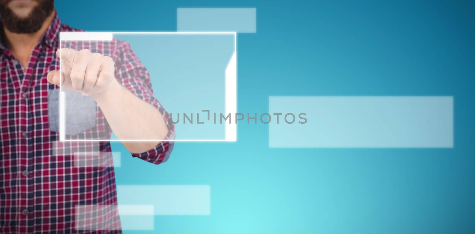 Cropped image of hipster pointing against abstract blue background