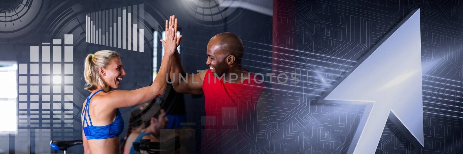 Digital composite of Athletic fit people in gym celebrating goals with health interface