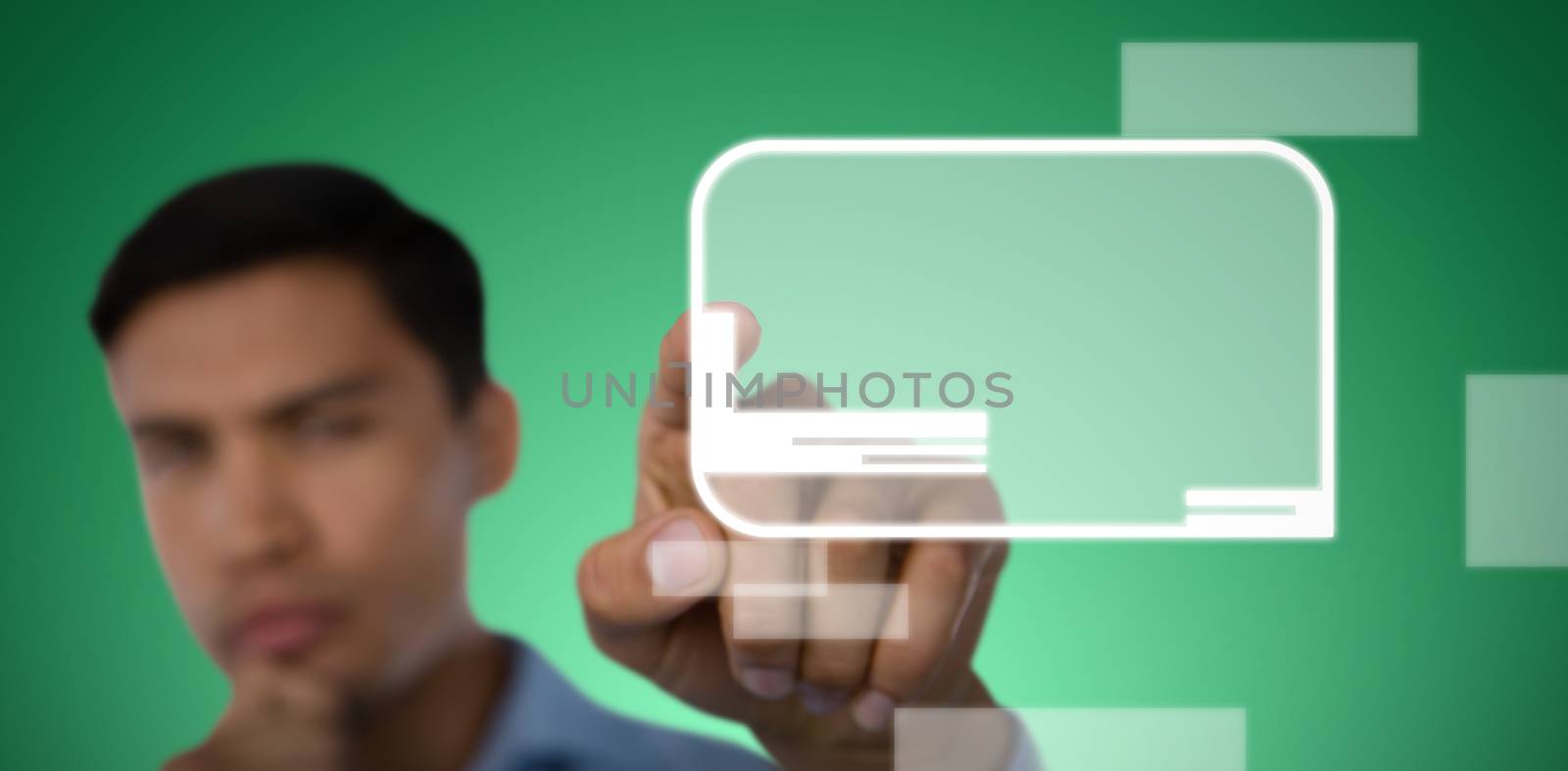 Close up of businessman hand touching invisible interface against abstract green background