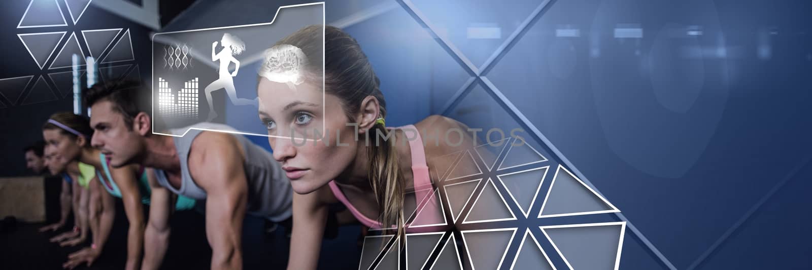 Digital composite of Athletic fit group of people in gym with health interface