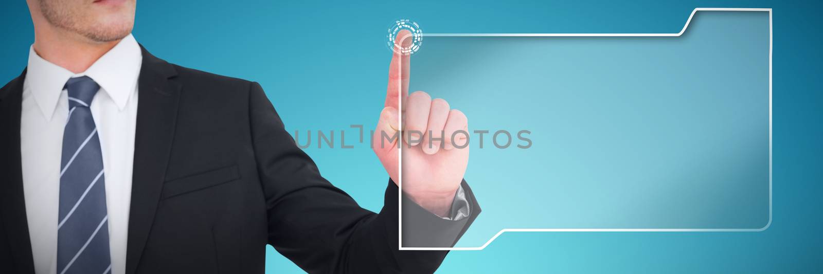 Unsmiling businessman pointing his finger against abstract blue background