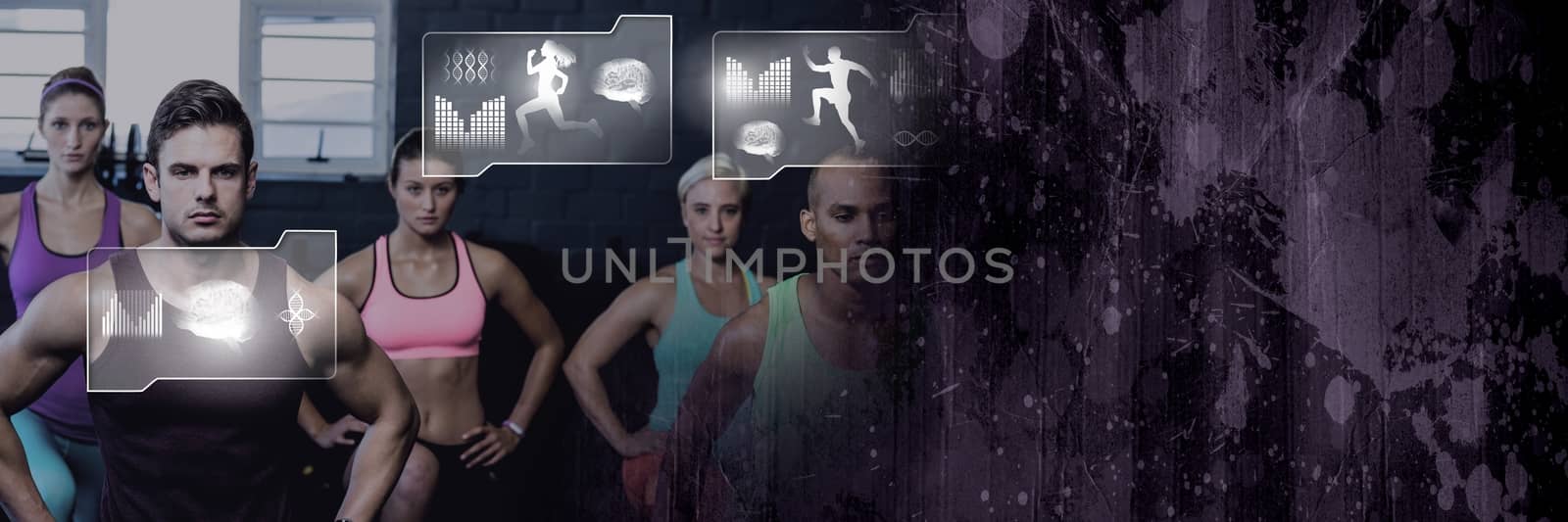 Digital composite of Athletic fit group of people in gym with health interface