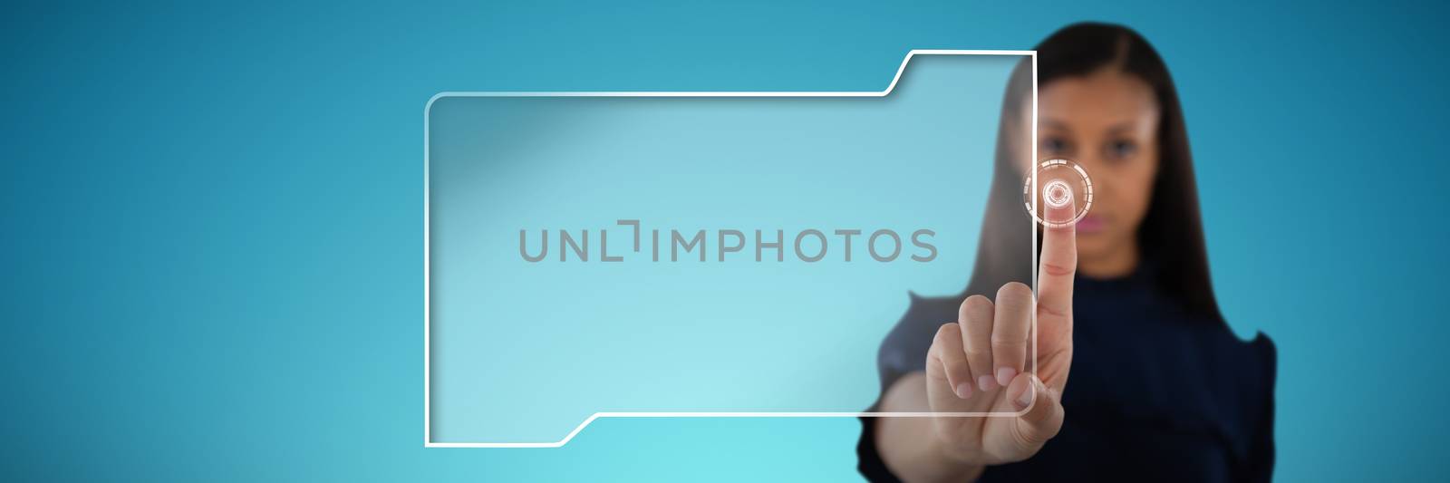 Female executive pressing an invisible virtual screen against abstract blue background