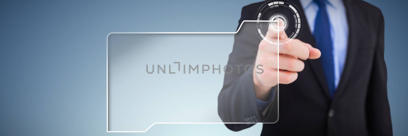 Businessman pointing his finger at camera against abstract blue background