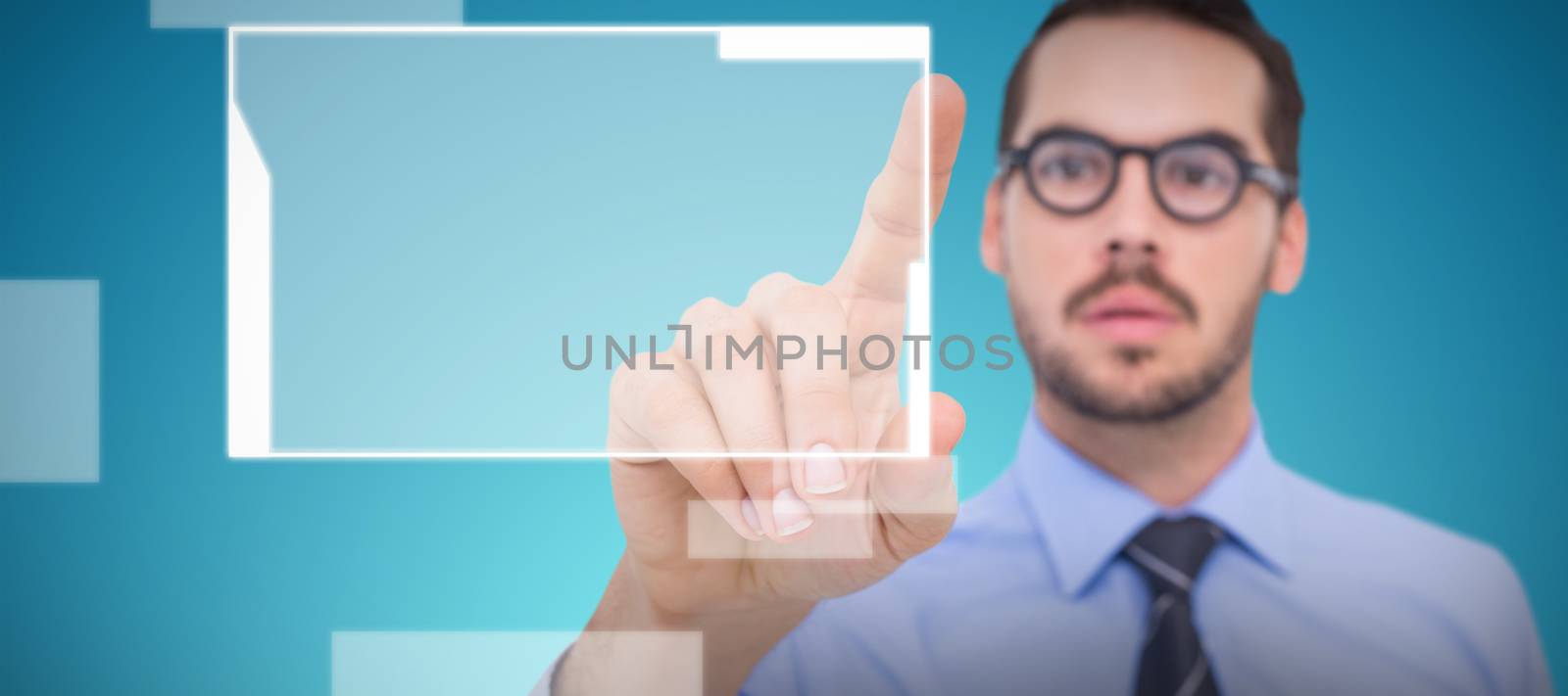 Businessman with glasses pointing something against abstract blue background