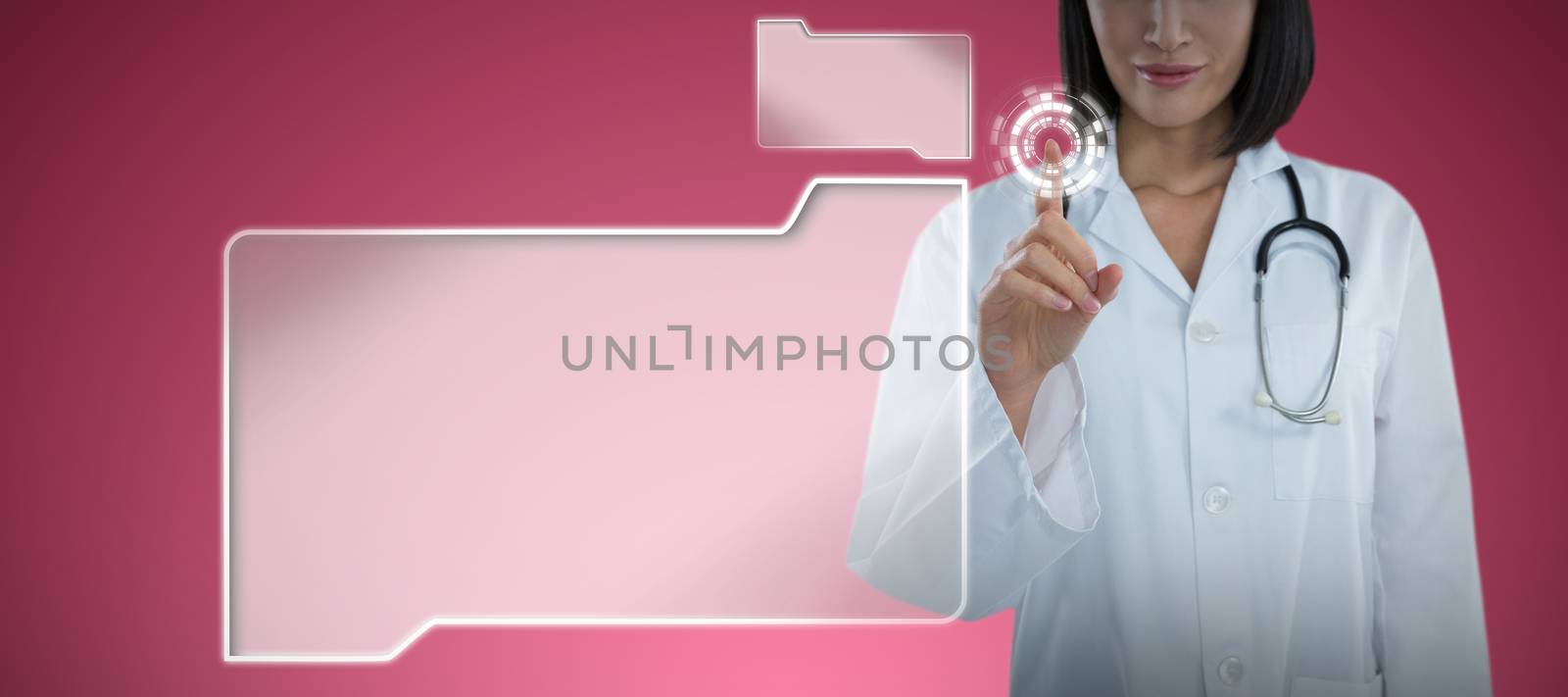 Mid section of female doctor touching invisible screen against abstract maroon background