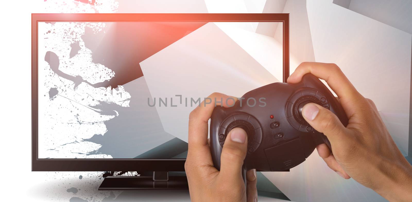 Composite image of cropped image of hands holding controller by Wavebreakmedia