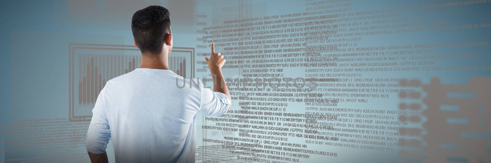 Man pretending to touch an invisible screen against white background against abstract grey background