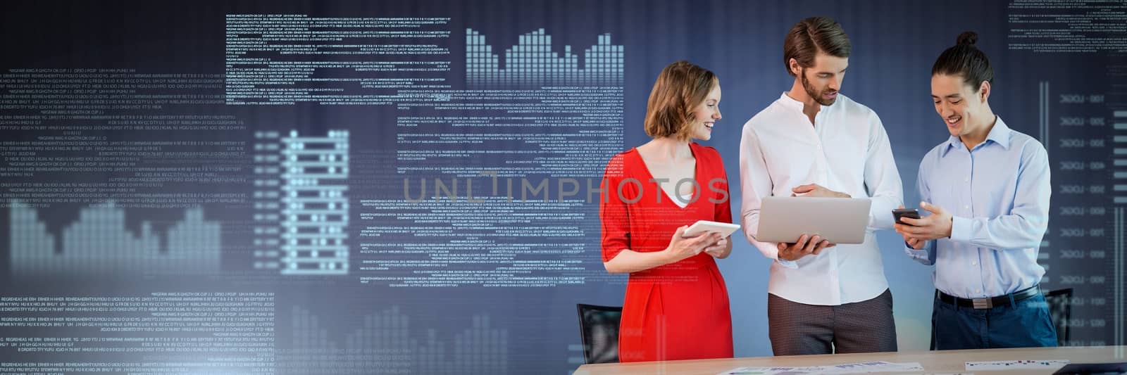 Digital composite of Business people working on laptop with screen text interface