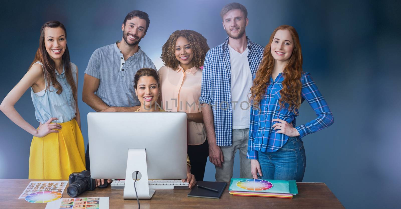 Digital composite of Business people working on computer