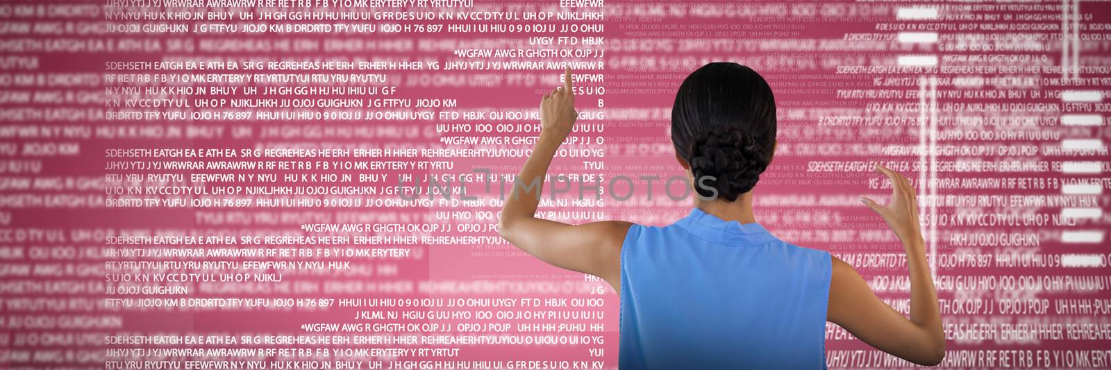 Rear view of businesswoman touching interface while holding something against abstract maroon background