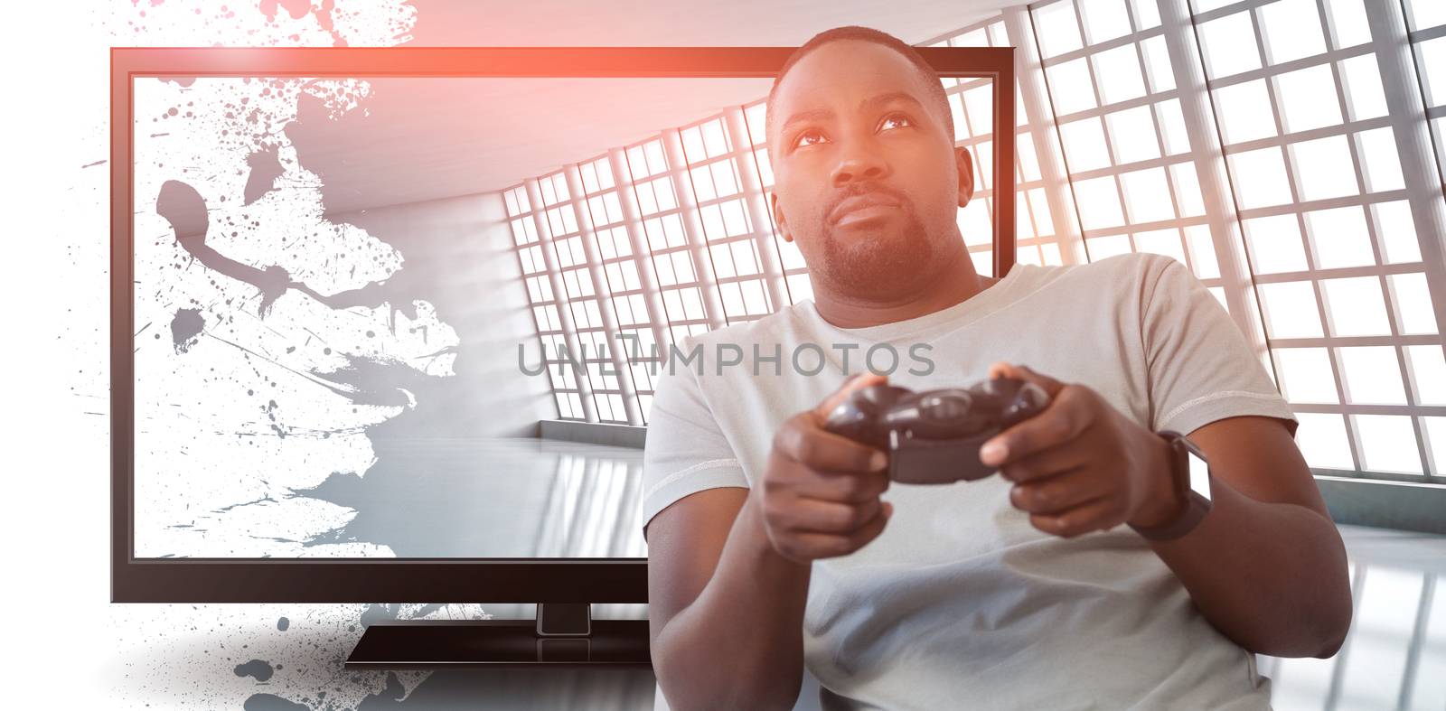 Composite image of man playing video game against white background by Wavebreakmedia