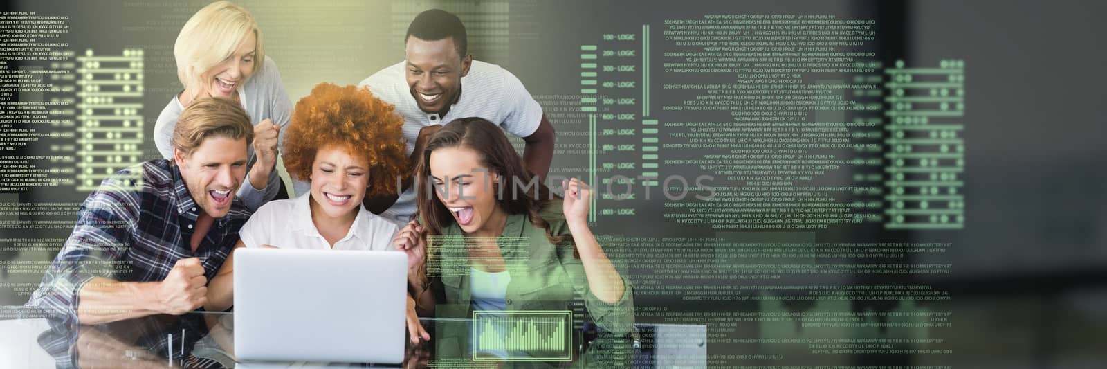 Digital composite of Group of people working on laptop with screen text interface