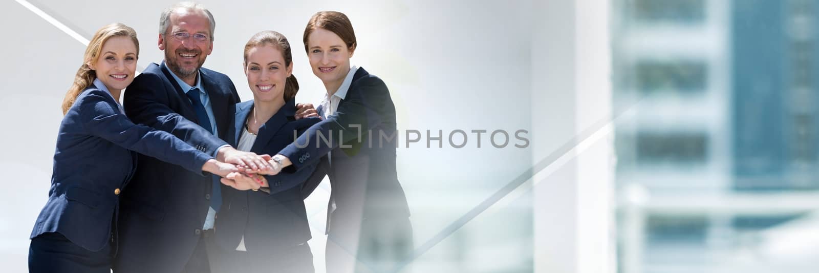 Digital composite of Teamwork transition with business people joining hands
