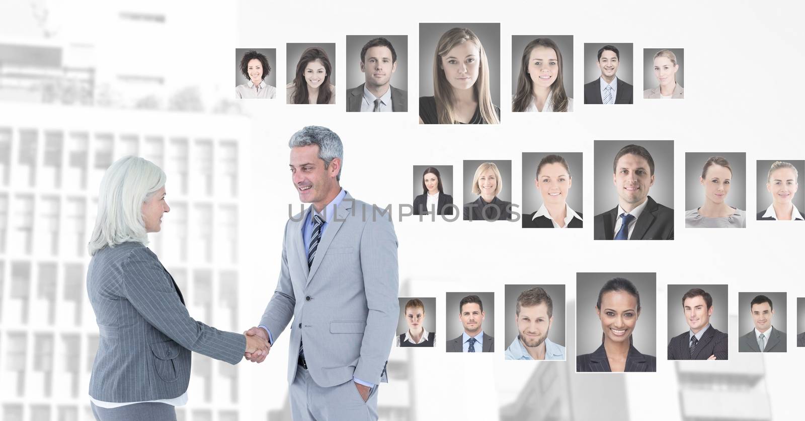 Business people shaking hands with portrait profiles of different people by Wavebreakmedia