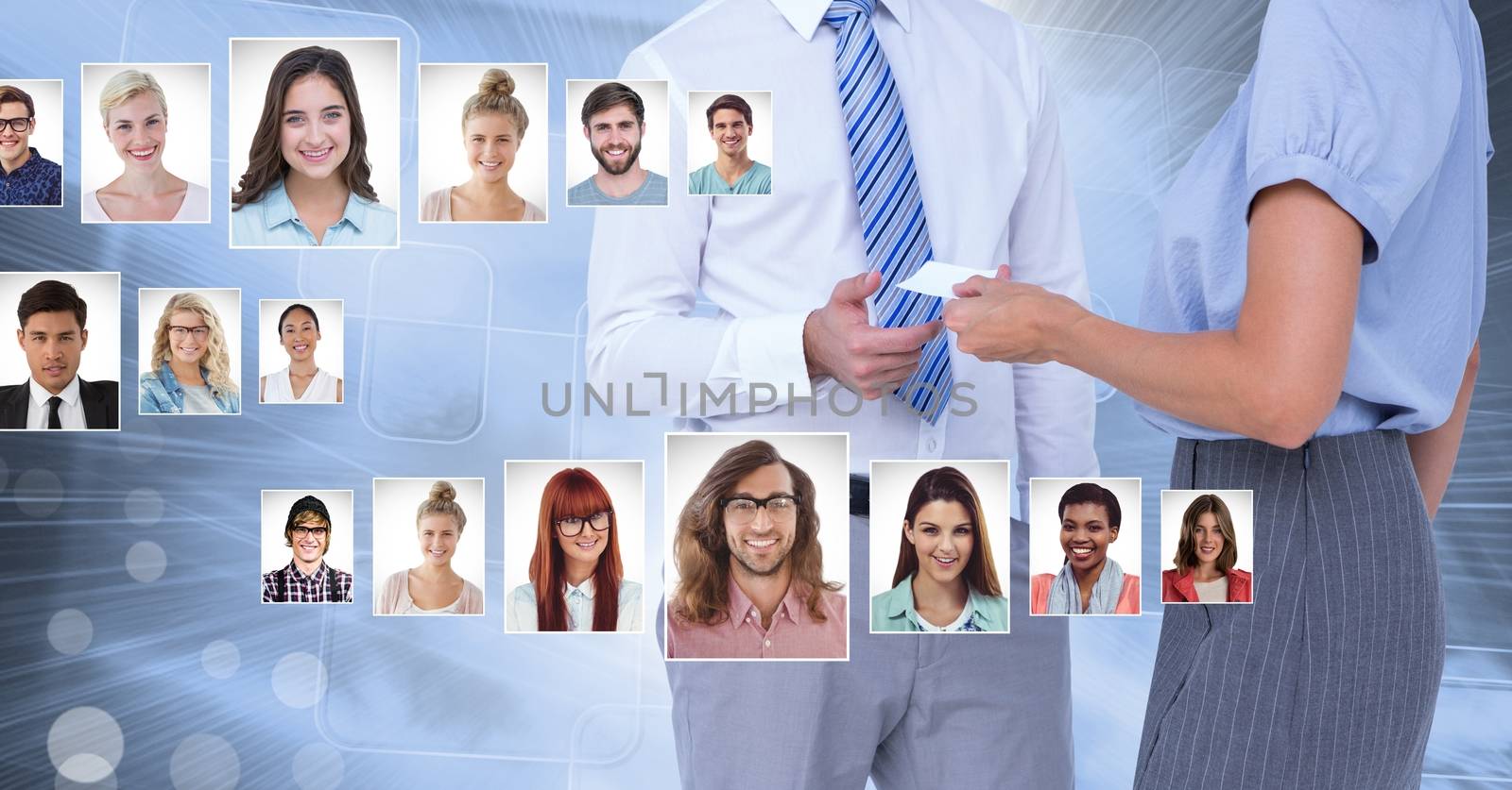 Digital composite of Business people sharing contact card with portrait profiles of different people