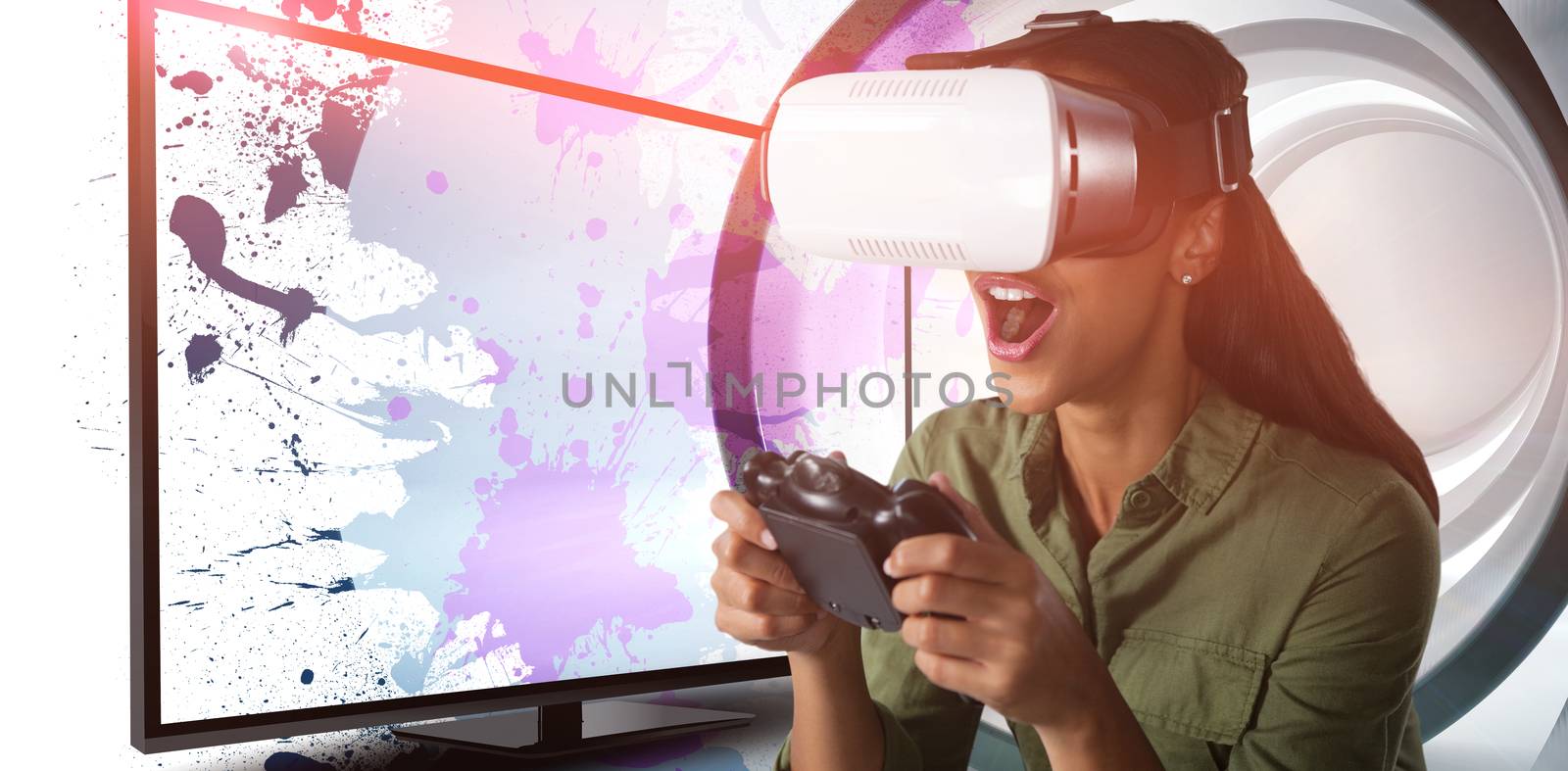 Woman playing video game with virtual reality headset against white abstract room
