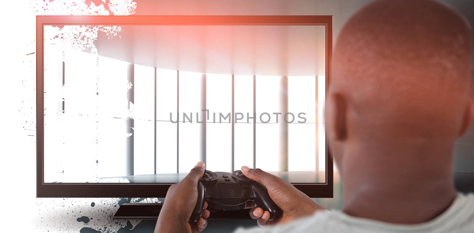 Man playing video game against white background against abstract room