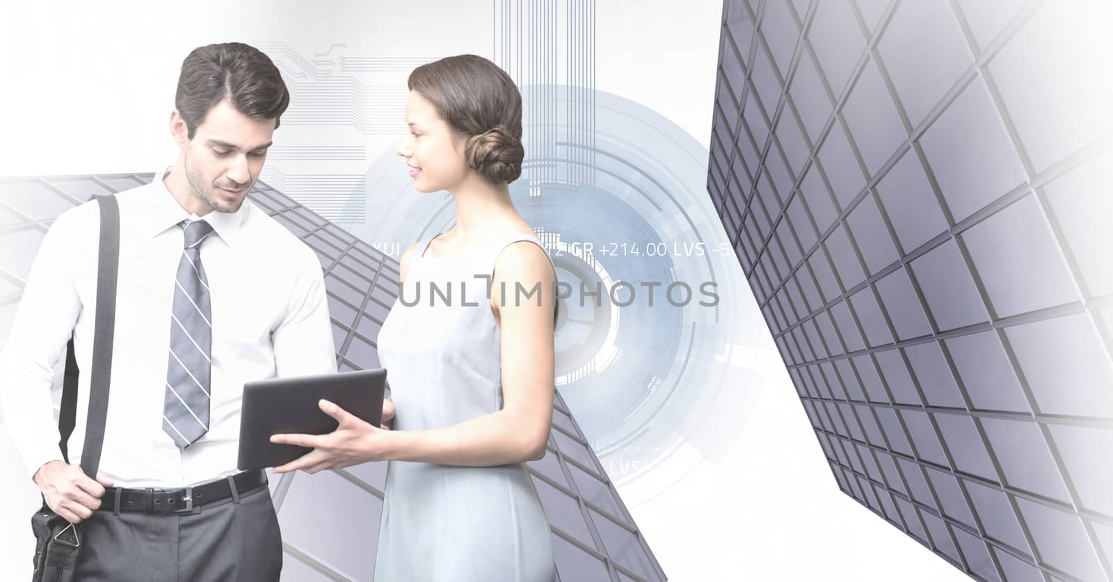Business people looking at tablet and Tall buildings with technology shapes background by Wavebreakmedia