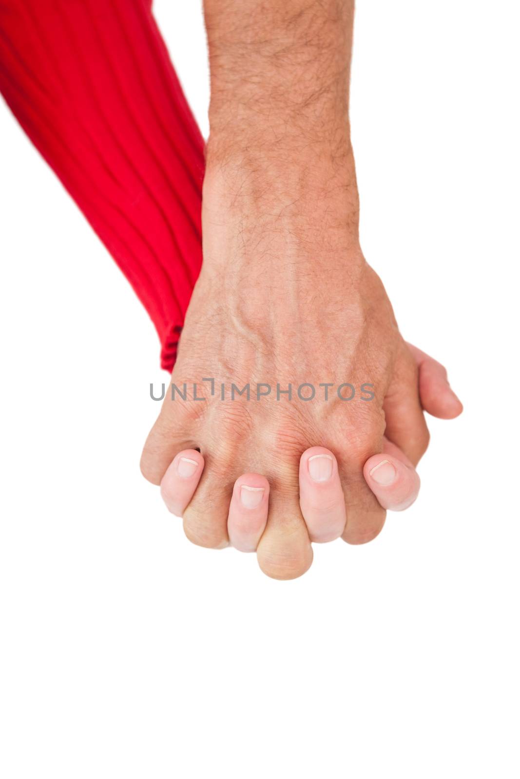 Close up of holding hands over white background
