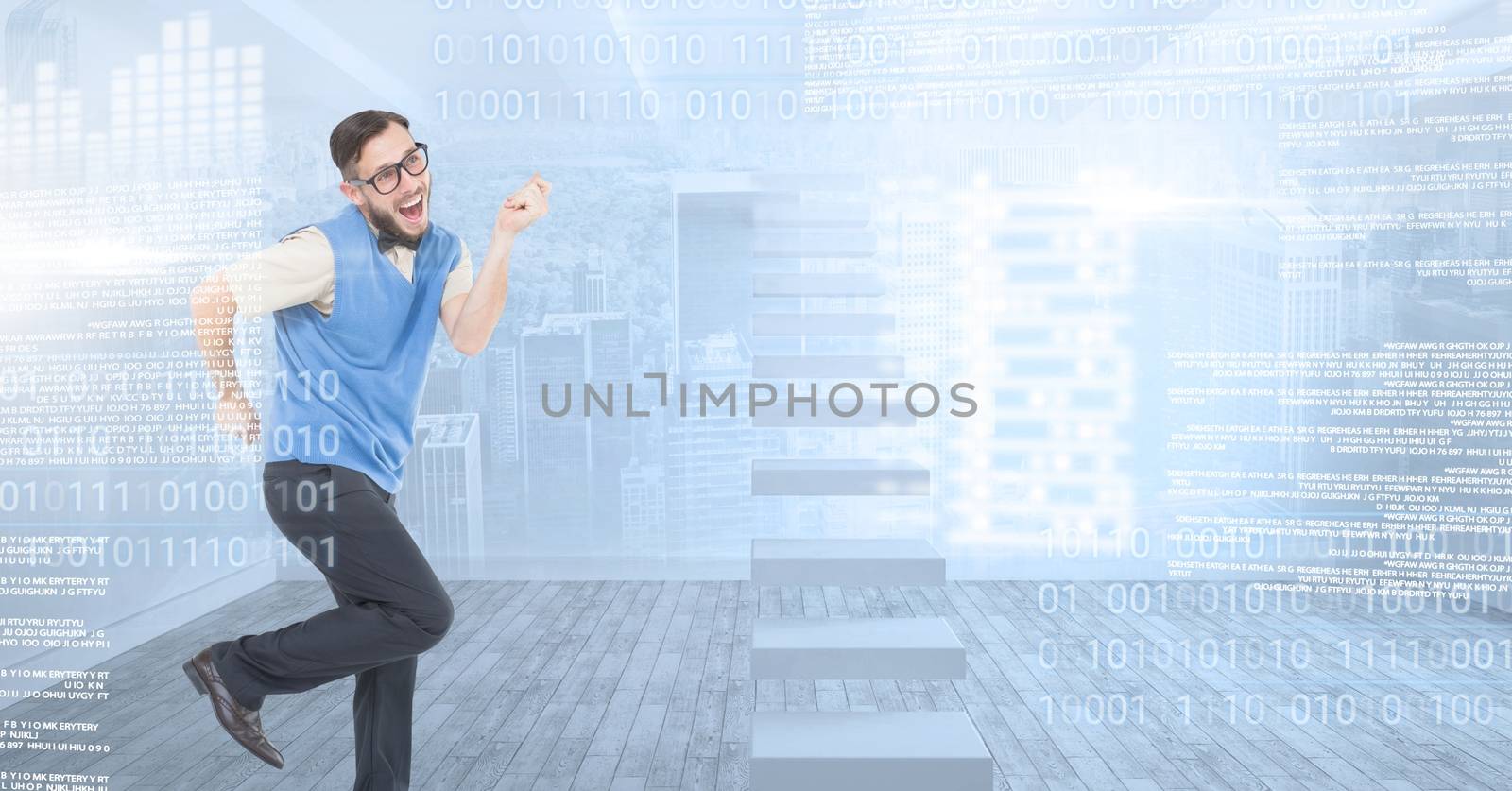 Digital composite of Geek man dancing with digital technology interface