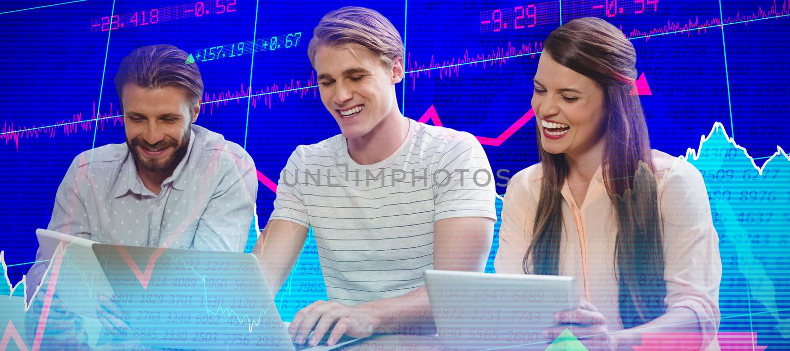 Business people using technology while sitting against white background against stocks and shares