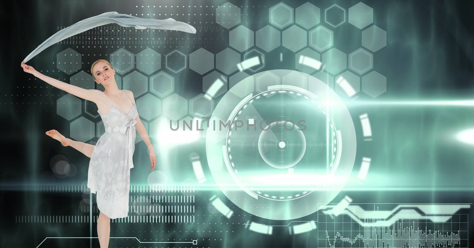 Digital composite of Dancer waving scarf with digital technology interface