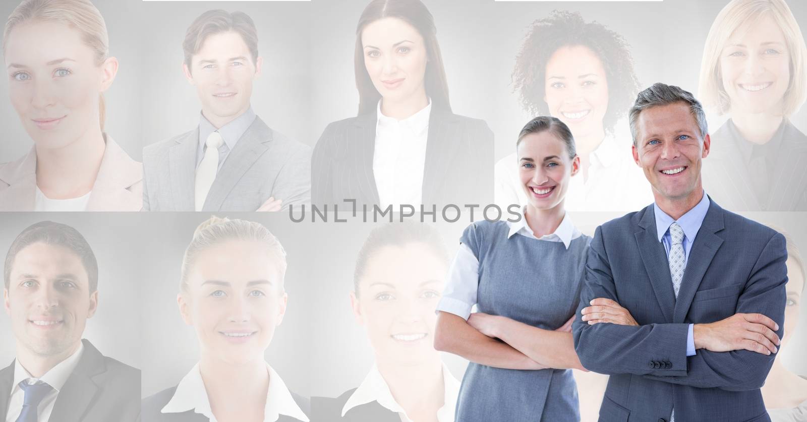 Digital composite of Business people with portrait profiles of different people in background