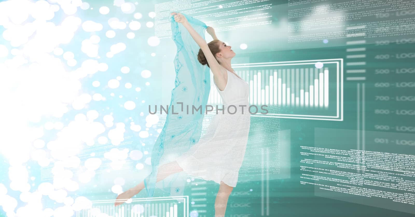 Woman dancing with digital technology interface and green sheet by Wavebreakmedia