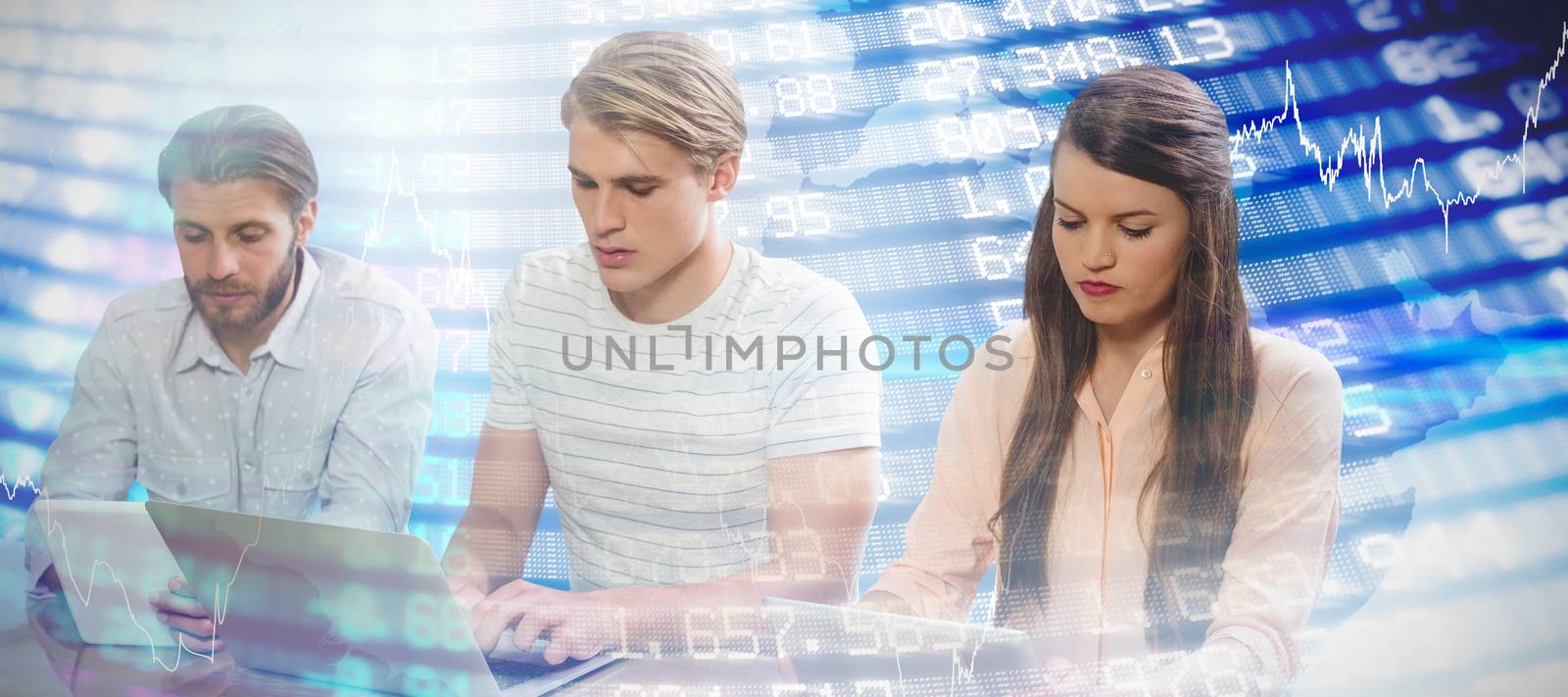 Focused business people using technology against white background against stocks and shares