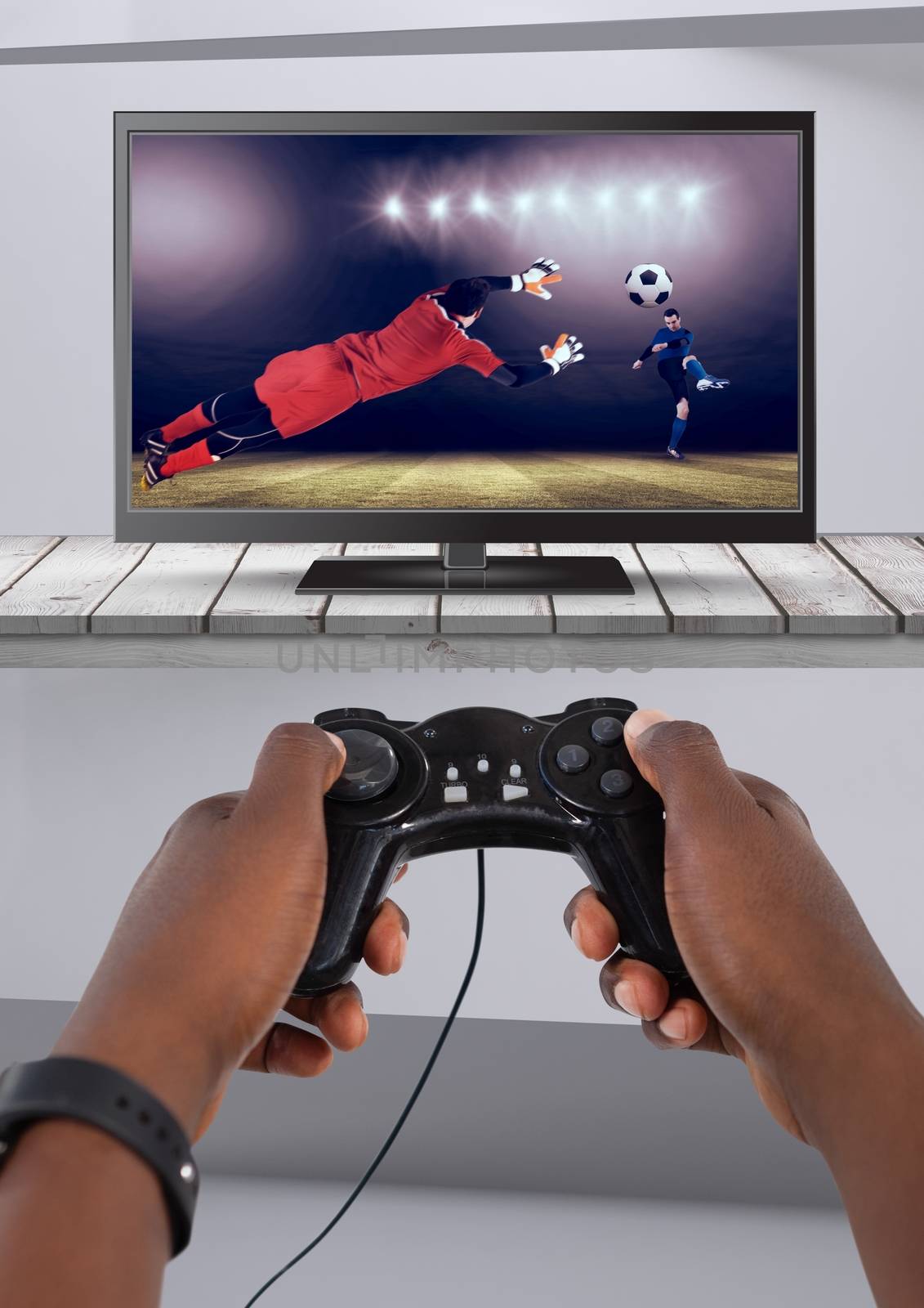 Digital composite of Playing soccer computer game with controller in hands