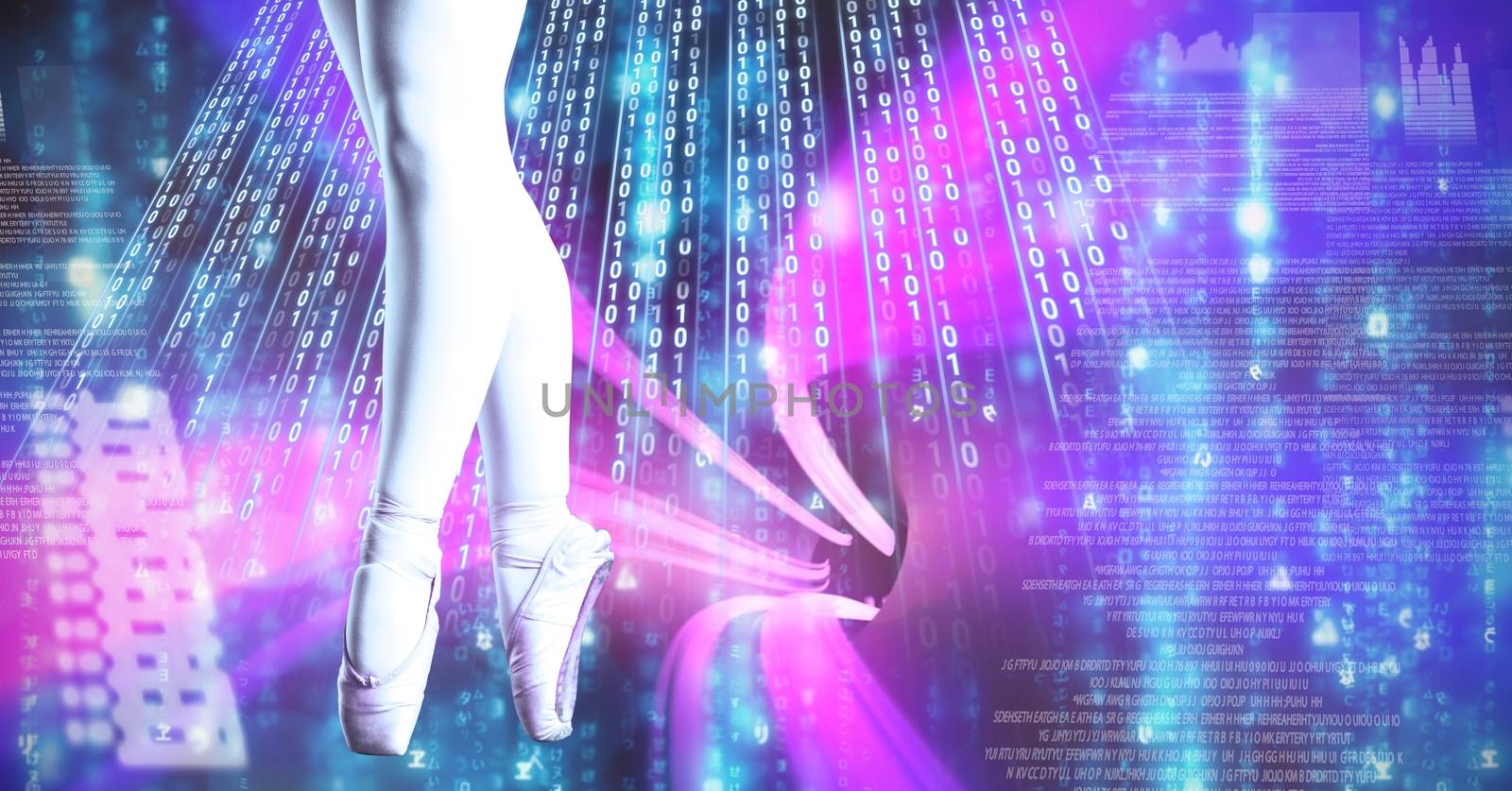 Digital composite of Ballet dancer feet dancing with digital technology interface