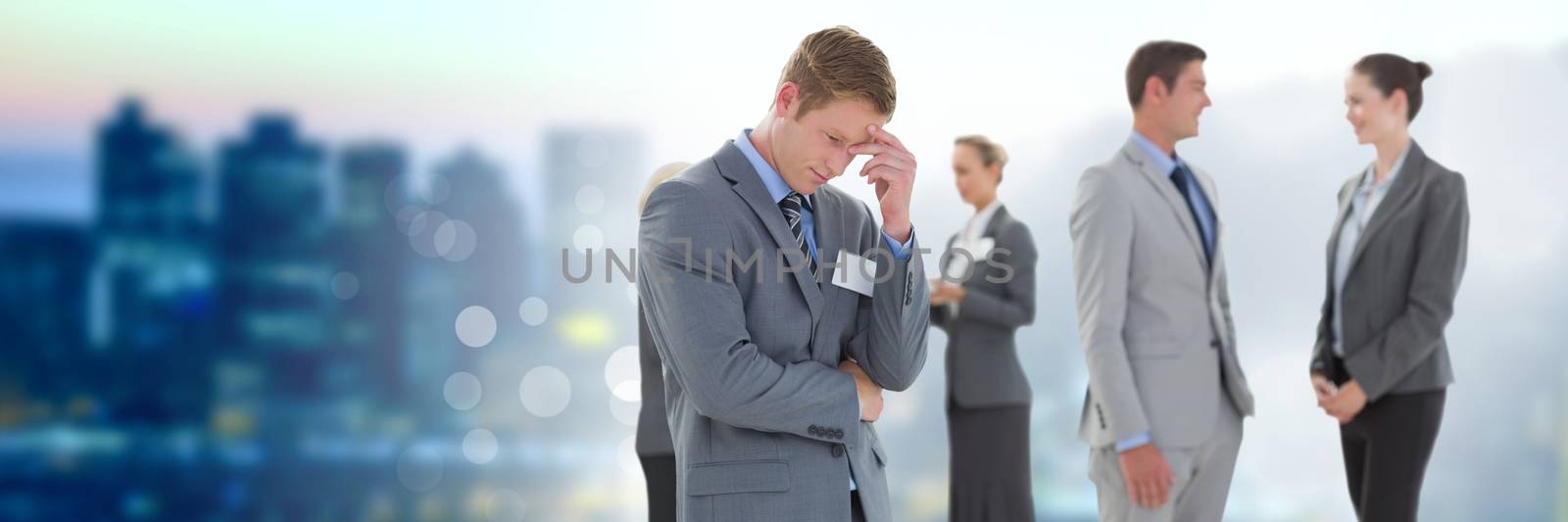 Digital composite of Business people and City buildings with flare light source